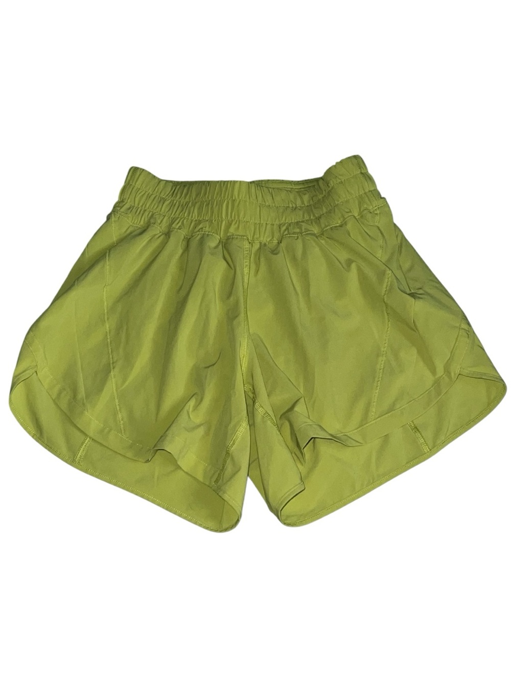 Lululemon Track That High Rise Lined Shorts 5” in a yellow green color size 4